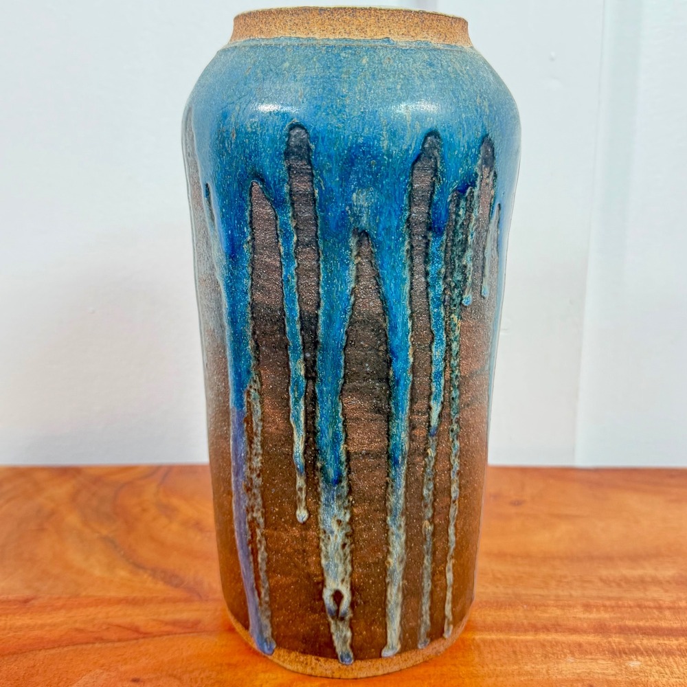 VTG Studio Pottery Blue Drip Glaze Stoneware Vase Hand Thrown Ceramic Art Decor